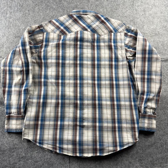 Wrangler Mens Western Blue Brown Plaid Pearl Snap Long Sleeve Shirt Medium - Picture 5 of 14